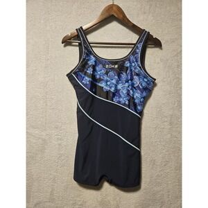 Zoke Womens One Piece Swimsuit Bathing Suit Blue Floral Wide Strap XXL 14/16 EUC